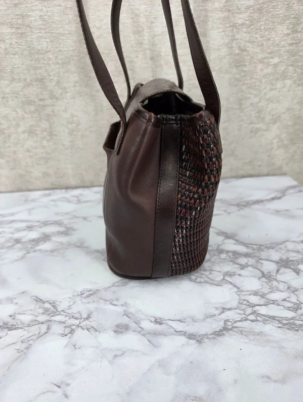 Brighton Vintage Leather Basket Weave Brown Croc-Accent Woven Tote Shoulder Bag